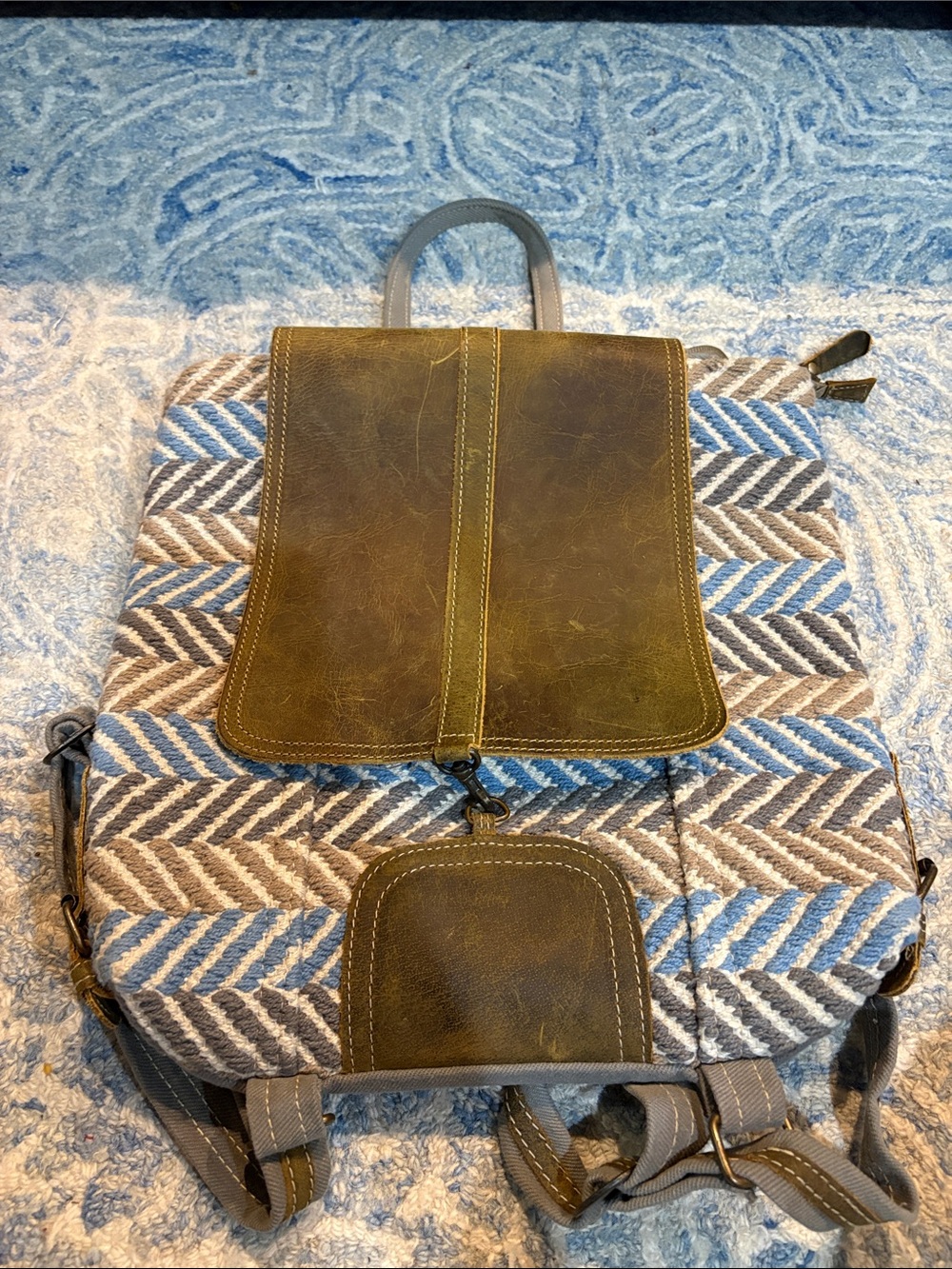 Myra Bag Canvas and Leather Backpack in Olive Green and Blue